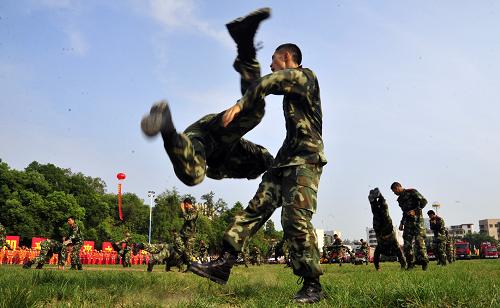 9月7日,參加軍地實(shí)兵演習(xí)的官兵進(jìn)行擒拿術(shù)演練。 為進(jìn)一步提高河源軍地聯(lián)合執(zhí)行多樣化軍事任務(wù)的能力,做好廣州亞運(yùn)會(huì)、河源世界客屬懇親大會(huì)安保工作,廣東河源市舉辦“河動(dòng)001”軍地實(shí)兵演習(xí),共有13支隊(duì)伍、1300余人參加。 新華社發(fā)(馮曉銘 攝)