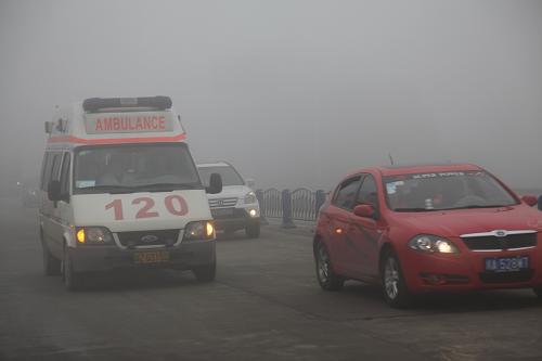 2月1日上午,在省道106線四川眉山段,路上車輛開燈在霧中小心行駛。新華社發(fā)(姚永亮 攝)