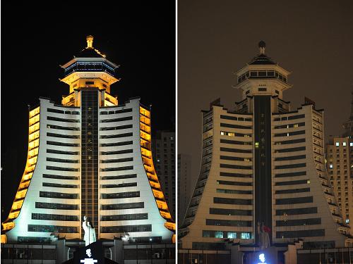 這是3月26日晚貴陽(yáng)市貴州省民族文化宮熄燈前(左圖)后對(duì)比。 當(dāng)日,由世界自然基金會(huì)發(fā)起的“地球一小時(shí)”活動(dòng)正式舉行。全球共有134個(gè)國(guó)家和地區(qū)展開熄燈接力,中國(guó)有86個(gè)城市加入到“地球一小時(shí)”活動(dòng)。今年“地球一小時(shí)”活動(dòng)希望大家在熄燈的同時(shí)能為地球做出一個(gè)力所能及的行動(dòng)承諾。 新華社記者 劉續(xù) 攝