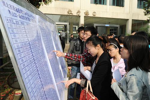 4月21日,考生在2012年湖北省遴選選調(diào)生和考試錄用公務(wù)員筆試湖北經(jīng)濟(jì)學(xué)院考點查看所屬考場。新華社發(fā)(楊宏斌 攝)