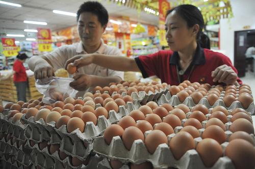 6月3日,在山西運(yùn)城市新絳縣一家超市,市民在購(gòu)買農(nóng)超對(duì)接的鮮雞蛋。據(jù)新華社全國(guó)農(nóng)副產(chǎn)品和農(nóng)資價(jià)格行情系統(tǒng)監(jiān)測(cè)數(shù)據(jù)顯示,4月中旬以來全國(guó)雞蛋價(jià)格呈持續(xù)上漲走勢(shì),進(jìn)入5月以后漲速明顯加快。6月2日全國(guó)雞蛋均價(jià)達(dá)到5元/斤,與4月18日相比漲幅為12.4%,與去年同期相比漲幅超過30%。分地區(qū)看,三成以上省區(qū)市雞蛋價(jià)格在5元/斤以上,其中貴州雞蛋價(jià)格突破6元/斤。新華社發(fā)(高新生 攝)