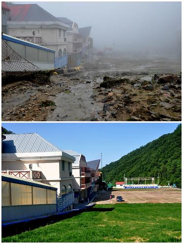 上圖為:被洪水沖毀的欒川縣伏牛山滑雪場(2010年7月24日攝)。下圖為:重新修建后的伏牛山滑雪場(2011年7月22日攝)。新華社發(fā)(孫少玲攝)