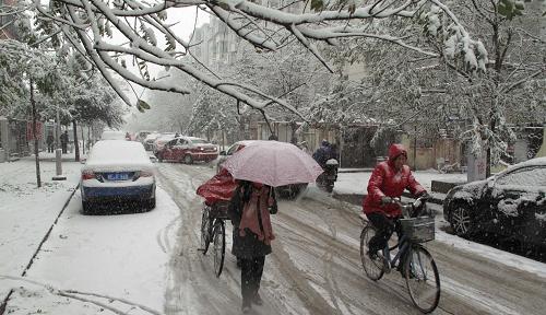11月29日,在河北省邢臺(tái)市街頭,市民冒雪出行。新華社發(fā)(邱洪生 攝)