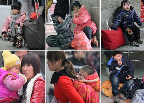 1月28日,小朋友們隨家長在南京火車站候車(拼版照片)。 新華社發(fā)(李文寶 攝)