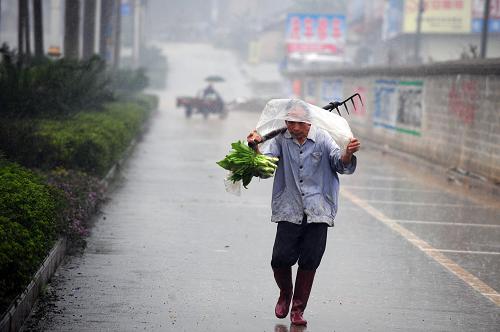 一位老人冒雨行走在廣西桂平市街頭(3月17日攝)。2012年以來,廣西持續(xù)雨霧陰冷寡照天氣,各地難覓陽光蹤跡。據(jù)廣西氣象局區(qū)氣候中心分析顯示,1月1日至3月10日,廣西平均日照時(shí)數(shù)僅有33小時(shí),比常年同期偏少117小時(shí),為1952年以來同期最少,廣西大部市縣的日照時(shí)數(shù)打破當(dāng)?shù)亟ㄕ疽詠硗谧畹陀涗?。?jù)氣象部門預(yù)計(jì),廣西的陰雨天氣還將持續(xù)。新華社記者 黃孝邦 攝