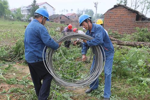 5月11日,湖南省婁底電業(yè)局員工在漣源市龍?zhí)伶?zhèn)河西村搶修被龍卷風(fēng)吹倒的低壓線路。新華社發(fā)(郭國權(quán) 攝)