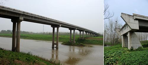左圖為已建成6年的大橋主體;右圖為在河南省淮濱縣境內(nèi),橋頭接線道路工程未能實(shí)施而形成的“斷頭橋”(7月18日攝)。 安徽省阜南縣與河南省淮濱縣交界處一座投資過千萬元的方集洪河大橋,在建成6年后卻遲遲未能通車,當(dāng)?shù)匕傩罩荒?#8220;望橋興嘆”。據(jù)悉,方集洪河大橋坐落在淮河最大支流洪河上,由安徽省交通廳、安徽省水利廳和阜南縣人民政府共同在2003年出資建設(shè),全長396米,橋面寬10米,投資總額近1300萬元。2006年9月該大橋主體工程建設(shè)完成,但是這座涉及洪河兩岸12個(gè)鄉(xiāng)鎮(zhèn),數(shù)十萬群眾的大橋至今未能通車。 關(guān)于方集洪河大橋?yàn)楹芜t遲不能通行,安徽省阜南縣交通局副局長孟波告訴記者,該大橋的南端處于河南省淮濱縣境內(nèi),大橋建設(shè)之初,安徽省阜南縣政府與河南省淮濱縣政府簽訂了《方集洪河大橋建設(shè)協(xié)議》,協(xié)議約定,阜南縣政府為業(yè)主單位,負(fù)責(zé)籌措大橋建設(shè)資金;兩縣人民政府各自負(fù)責(zé)其區(qū)域內(nèi)的征地拆遷、接線道路建設(shè)。而由于河南省端橋頭接線工程挖壓土地征用問題沒能解決,橋頭接線道路及橋臺(tái)護(hù)坡工程至今沒能實(shí)施,致使大橋沒能全面建成通車,發(fā)揮應(yīng)有的經(jīng)濟(jì)社會(huì)效益。 河南省淮濱縣交通局一位不愿透露