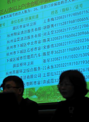 12月25日,兩位公證人員在杭州市環(huán)衛(wèi)專項(xiàng)公租房的搖號(hào)現(xiàn)場(chǎng)為搖號(hào)結(jié)果公證。新華社記者 王定昶 攝