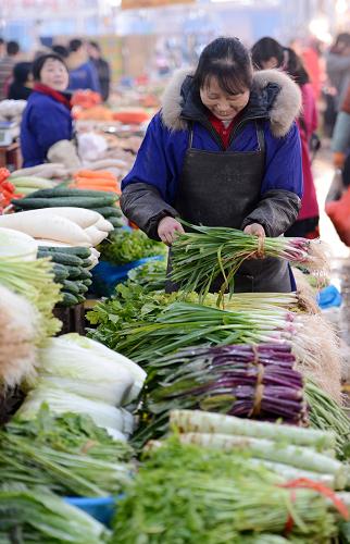 1月7日,南昌市新建縣文化路農(nóng)貿(mào)市場內(nèi),一名攤主在整理貨品。新華社記者 周科 攝