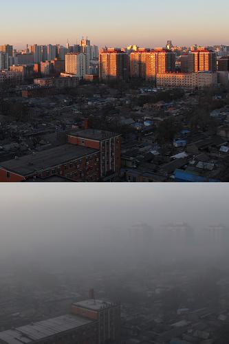 這張拼版照片顯示的是:2013年1月9日8時左右拍攝的北京市西城區(qū)一片住宅區(qū)(上圖);2013年1月12日8時左右,同一片住宅區(qū)被霧霾籠罩(下圖)。新華社發(fā)(王躍嶺 攝)