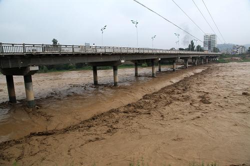 7月25日,甘肅隴南成縣連降暴雨,縣城東河水位上漲。新華社發(fā)(吳庭棟 攝)