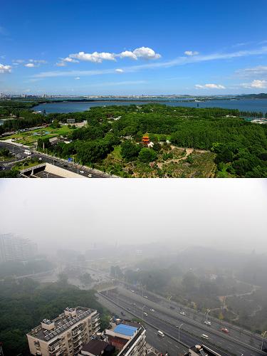 這是在同一地點(diǎn)拍攝的武漢空氣質(zhì)量狀況對比(上圖7月9日攝,下圖10月30日攝,拼版照片)。10月30日,武漢空氣質(zhì)量指數(shù)達(dá)到436,其中PM2.5濃度達(dá)到383μg/m³,PM10濃度達(dá)到517μg/m³,空氣質(zhì)量狀況為嚴(yán)重污染。入秋以來,湖北武漢市持續(xù)出現(xiàn)陰霾天氣,進(jìn)入污染頻發(fā)期。專家建議,老人、小孩及慢性病患者等易感人群,在大氣污染嚴(yán)重時(shí),應(yīng)盡量減少外出,待在室內(nèi)要關(guān)好門窗。新華社記者 郝同前 攝