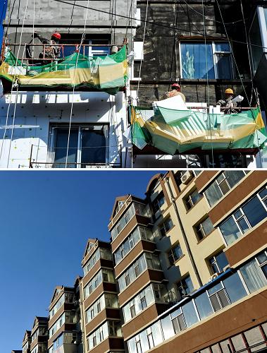 上:9月27日,工人們在為大通花園小區(qū)進行“暖房子”工程改造;下:這是11月11日拍攝的“暖房子”工程完畢后的大通花園小區(qū)(拼版照片)。新華社記者 張楠 攝