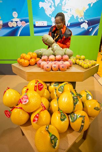 11月28日,觀眾在展會(huì)上參觀各種水果。新華社發(fā)(趙冰 攝)