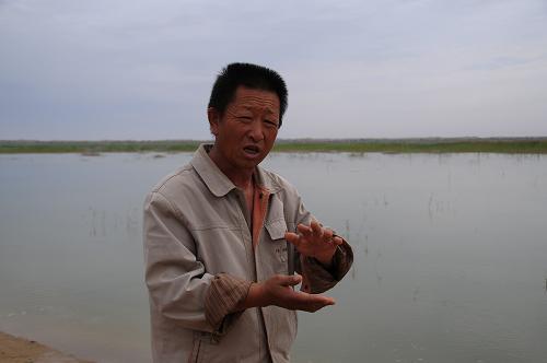 在民勤青土湖邊,當(dāng)?shù)剞r(nóng)民吳成秀在介紹他看到的青土湖生態(tài)變化(8月17日攝)。新華社記者 王艷明 攝