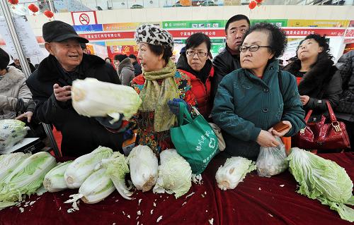 1月21日,在銀川舉行的新春年貨購物節(jié)上,顧客在選購政府投放的冬季儲(chǔ)備菜。新華社記者 彭昭之 攝