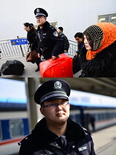 2月10日,西寧西客站的站臺執(zhí)勤民警范镕顯在幫助乘客提行李。28歲的范镕顯已經(jīng)在崗位上度過3個(gè)春節(jié)。他希望新的一年工作更上一層樓,早日找到心儀的那個(gè)她。新華社發(fā)(吳剛 攝)