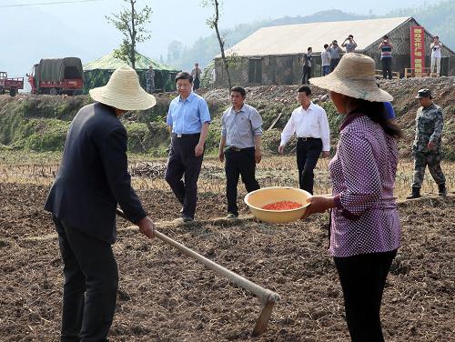 這是5月21日,習(xí)近平在蘆山縣龍門鄉(xiāng)青龍場(chǎng)村的農(nóng)田察看玉米種植情況,詢問災(zāi)后恢復(fù)生產(chǎn)的安排。新華社記者蘭紅光攝