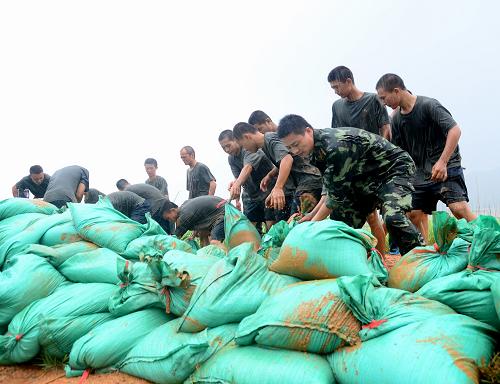 8月22日,在福建省寧德市霞浦縣鹽田鄉(xiāng)水升村,邊防民警聯(lián)合駐地群眾在加固塌方堤壩。新華社發(fā)(袁自由 攝)