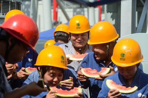 7月3日,浙江省送變電工程公司施工人員在1000千伏浙北變電站吃西瓜,防暑降溫。新華社記者 徐昱 攝