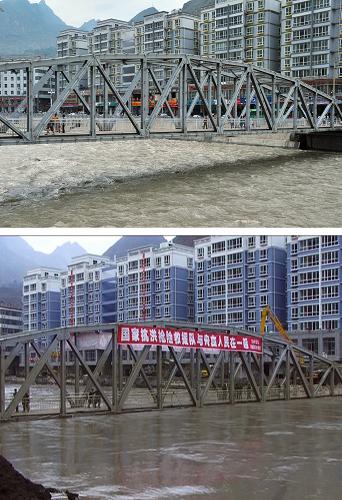 這是一張拼版照片。上圖:曾經沉入堰塞湖的城關橋經過檢修后在正常使用(2013年8月6日攝);下圖:被淹沒的城關橋橋面露出水面,這是舟曲縣災后恢復通行的第一座橋(2010年的視頻截圖)。 2010年8月8日,甘肅舟曲縣發(fā)生特大山洪泥石流災害,造成重大人員傷亡和財產損失。三年過去了,現在的新舟曲正在以嶄新的面貌展示著“藏鄉(xiāng)江南”的魅力。截至目前,舟曲災后重建累計完成投資52.85億元,實施重建項目186個,當地基本生產生活條件和經濟社會發(fā)展全面恢復并超過災前水平。 新華社記者黃文新攝