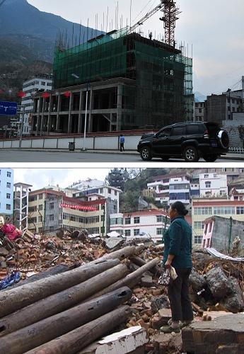 這是一張拼版照片。上圖:老阿婆被埋家園的地方一棟新樓正在修建(2013年8月6日攝);下圖:一位老阿婆站在廢墟上眺望家園(2010年8月的視頻截圖)。新華社記者 黃文新 攝
