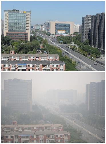 上圖:這是9月25日下午拍攝的北京市西城區(qū)菜市口大街;下圖:這是9月29日下午拍攝的北京市西城區(qū)菜市口大街(拼版照片)。新華社發(fā)(孟濤 攝)