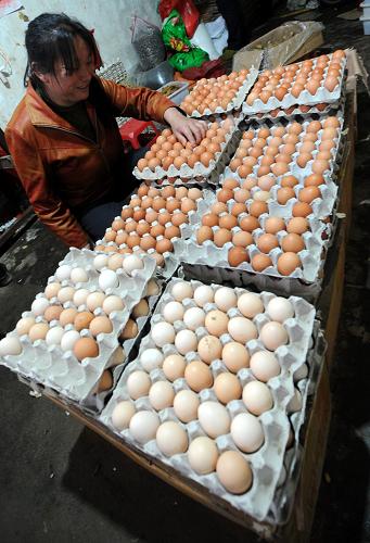 3月20日,江西贛縣一副食品商店店主在擺放雞蛋。新華社記者 周科 攝