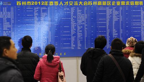 1月14日,在蘇州國際博覽中心,求職者在“蘇州市2012年春季人才交流大會”上查看招聘信息。新華社發(fā)(杭興微 攝)