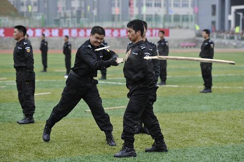 6月5日,民警在實(shí)戰(zhàn)演練中展示硬氣功。 當(dāng)日,貴州甕安縣成立反恐處突大隊(duì),并在現(xiàn)場(chǎng)開(kāi)展了“反恐處突”綜合演練。 新華社記者 歐東衢 攝