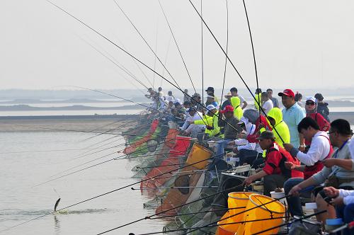 10月2日,人們在河北省唐山市曹妃甸濕地零點漁港垂釣。當(dāng)日,曹妃甸濕地徒步穿越行活動在唐山市曹妃湖三號島有氧運動大本營正式啟動。首批90余名戶外運動愛好者參加了全程22公里的濕地徒步穿越活動。與此同時,來自北京、天津、河北廊坊及當(dāng)?shù)蒯烎~協(xié)會的50多名垂釣高手在曹妃甸零點漁港展開垂釣比賽。此外,游客們還可以在曹妃甸濕地親自釣蝦、釣魚、釣河蟹,“漁”樂無窮。新華社發(fā)(趙勇 攝)