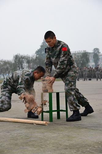 11月5日,在成都軍區(qū)某綜合訓(xùn)練場(chǎng),參加“攜手-2013”中印陸軍反恐聯(lián)合訓(xùn)練的中方參訓(xùn)士兵演示硬氣功。 當(dāng)日,“攜手-2013”中印陸軍反恐聯(lián)合訓(xùn)練開(kāi)訓(xùn)儀式在成都軍區(qū)某綜合訓(xùn)練場(chǎng)舉行。 “攜手-2013”反恐聯(lián)合訓(xùn)練是繼“攜手-2007”、“攜手-2008”之后,中印陸軍舉行的第三次聯(lián)合訓(xùn)練。中方參訓(xùn)部隊(duì)為成都軍區(qū)13集團(tuán)軍一個(gè)步兵連,印方參訓(xùn)部隊(duì)為東部軍區(qū)一個(gè)步兵連,雙方參訓(xùn)兵力各為144人。 新華社發(fā)(王德思 攝)
