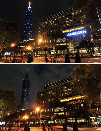 這是一張拍攝于3月31日晚的拼版圖片:上圖是熄燈前的臺北101大樓(左)及寒舍艾美酒店(右);下圖是同一地點(diǎn)熄燈后的畫面。新華社發(fā)(吳景騰 攝)