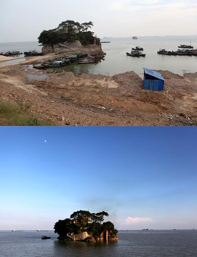 上圖為9月16日在江西都昌印山附近拍攝的退水后的鄱陽湖;下圖為7月29日在同一地點拍攝的豐水期的鄱陽湖。(拼版圖片)新華社發(fā)(傅建斌 攝)