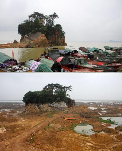 上圖為6月15日拍攝的鄱陽湖都昌印山附近水域,下圖為6月9日拍攝的鄱陽湖都昌印山附近水域(拼版圖片)。新華社發(fā)(傅建斌 攝)