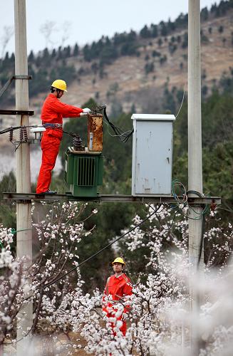 3月14日,河南省永城市電力員工對(duì)存在安全隱患的配電變壓器進(jìn)行安全改造。新華社