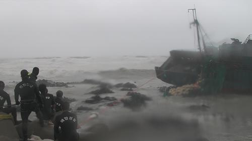 韓國西歸浦警方于8月28日提供的照片顯示,韓國海警在濟州島救助中國遇險船員。 中國駐韓國濟州總領(lǐng)館官員28日告訴新華社記者,當天在韓國濟州島附近海域發(fā)生的中國漁船觸礁事件中,已有18人獲救,另有4人遇難。當?shù)貢r間28日凌晨2時40分左右,受15號臺風“布拉萬”影響,“粵江城漁”91104號和“粵江城漁”91105號兩艘漁船在濟州島西歸浦市和順港東部防護堤以南1.8公里處觸礁,兩艘船上共有33人。 新華社發(fā)