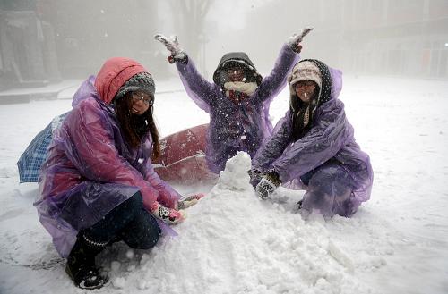 12月29日,幾名游客在江西九江市廬山景區(qū)玩雪。新華社記者 周科攝