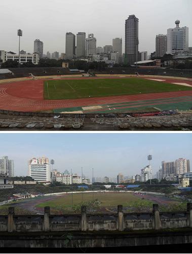 這張拼版照片顯示的是:重慶大田灣體育場煥然一新(12月29日攝,上圖);種上蔬菜的重慶大田灣體育場(11月26日攝,下圖)。經(jīng)歷“菜地”風波的重慶大田灣體育場,經(jīng)一個月的整修后煥然一新。據(jù)了解,重慶大田灣體育場因改造修繕遲遲不動工,場地荒廢被門衛(wèi)開辟種蔬菜。經(jīng)輿論曝光后,當?shù)卣度?80萬元對場地塑膠跑道及附屬設(shè)施進行了整修,并免費對市民開放晨練。重慶大田灣體育場是新中國第一個甲級體育場,1951年在賀龍的主持下修建,占地面積12萬平方米,是新中國成立初期重慶十大建筑之一。新華社發(fā)(周會 攝)