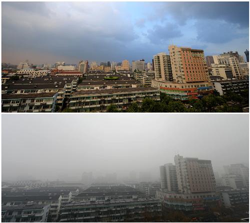 這是在不同的天氣狀況下拍攝的杭州市區(qū)同一地點(diǎn)的拼版照片:下圖攝于2013年1月13日;上圖攝于2012年8月6日。1月13日,浙江杭州降下一場(chǎng)小雨,霧霾天氣繼續(xù),空氣污染仍較為嚴(yán)重。據(jù)浙江省環(huán)境空氣質(zhì)量指數(shù)(AQI)發(fā)布平臺(tái)的實(shí)時(shí)數(shù)據(jù),1月13日13時(shí),杭州市10個(gè)環(huán)境空氣質(zhì)量監(jiān)測(cè)站點(diǎn)中,除兩個(gè)為中度污染外,其余8個(gè)站點(diǎn)均為重度污染。新華社記者 韓傳號(hào) 攝