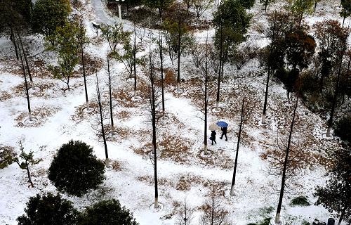 2月8日,行人在南昌市紅谷灘新區(qū)雪中行走。2月8日10時(shí)40分,江西省氣象臺(tái)發(fā)布了道路結(jié)冰黃色預(yù)警:目前江西全省有29個(gè)縣市氣溫在0℃以下,預(yù)計(jì)未來12小時(shí)江西省氣溫還將下降,九江、景德鎮(zhèn)、南昌、宜春、上饒、新余、鷹潭、萍鄉(xiāng)八市和撫州市北部的部分地區(qū)路面溫度低于0℃,會(huì)出現(xiàn)對交通有影響的道路結(jié)冰。新華社記者 宋振平 攝