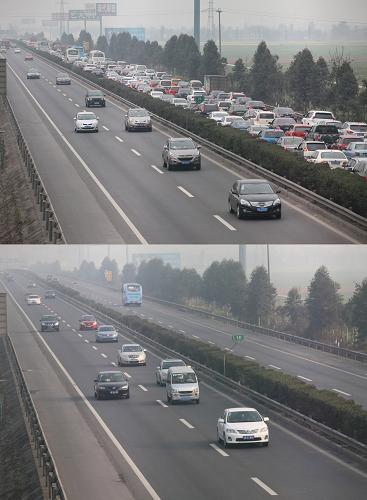 這張拼版照片顯示的是:2月14日,在四川成(都)樂(山)高速公路眉山段,樂山往成都方向出現(xiàn)交通擁堵,而反向則車行通暢(上圖);2月9日,四川成樂高速公路眉山段車行通暢(下圖)。當(dāng)日是蛇年大年初五,隨著春節(jié)假日和全國收費(fèi)公路免收小型客車通行費(fèi)臨近結(jié)束,四川多條高速公路返程車輛激增,部分路段擁堵嚴(yán)重。新華社發(fā)(姚永亮 攝)