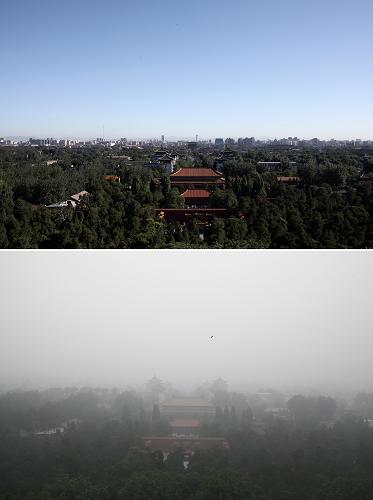 霧霾盡碧空如洗 經(jīng)過一夜風(fēng)雨,北京連日的霧霾被一吹而盡,碧空如洗。7月2日7:41從北京市景山公園萬春亭北眺看到的景色(上圖)與6月28日14:50從同一角度看到的景色(下圖)形成鮮明對比。 新華社記者 金立旺攝