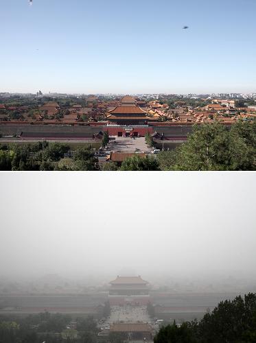霧霾盡碧空如洗 經(jīng)過一夜風(fēng)雨,北京連日的霧霾被一吹而盡,碧空如洗。7月2日7:22從北京市景山公園萬春亭南望看到的景色(上圖)與6月28日14:54從同一角度看到的景色(下圖)形成鮮明對比。 新華社記者 金立旺攝