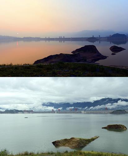 三峽樞紐新一輪175米試驗(yàn)性蓄水正式啟動(dòng) 上圖:2013年7月13日在三峽壩前拍攝的三峽水庫(kù)降至汛限水位時(shí)的情況;下圖:9月10日在三峽壩前同一位置拍攝的三峽水庫(kù)水位情況(拼版照片)。 當(dāng)日,三峽水利樞紐正式啟動(dòng)新一輪175米試驗(yàn)性蓄水。未來(lái)兩個(gè)月,三峽水庫(kù)水位將上漲近20米,并有望于10月底或11月漲至175米正常蓄水位。 三峽樞紐為長(zhǎng)江關(guān)鍵性骨干樞紐,其蓄水是一項(xiàng)復(fù)雜的系統(tǒng)工程。2008年啟動(dòng)175米試驗(yàn)性蓄水以來(lái),三峽樞紐已于2010、2011、2012連續(xù)3年成功蓄水至175米。 新華社發(fā)(鄭家裕 攝)