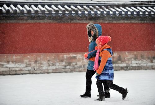 北京初雪 2月7日,游客在雪中游覽北京天壇公園。 當(dāng)日,北京迎來今冬首場降雪。 新華社記者 李文 攝