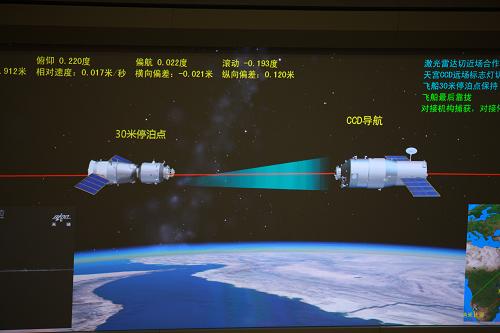 6月18日拍攝的北京航天飛控中心大屏幕顯示的神九飛船與天宮一號(hào)交會(huì)對(duì)接的畫(huà)面。新華社記者 王永卓 攝