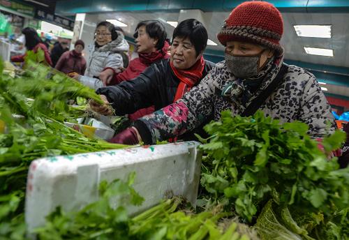 1月7日,市民在杭州萬壽亭農貿市場一個蔬菜直銷攤位選購平價菜。新華社記者 韓傳號 攝