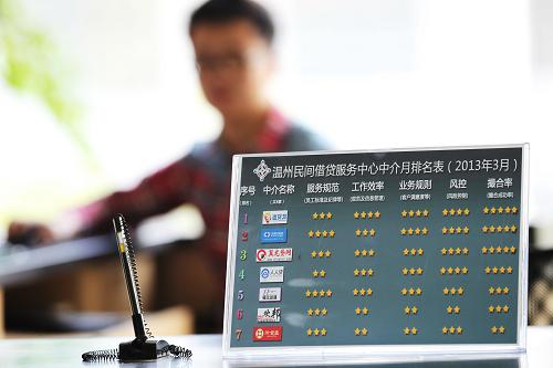 這是4月26日拍攝的每月更新一次的溫州民間借貸登記服務(wù)中心中介月排名表。新華社發(fā)(蘇巧將 攝)