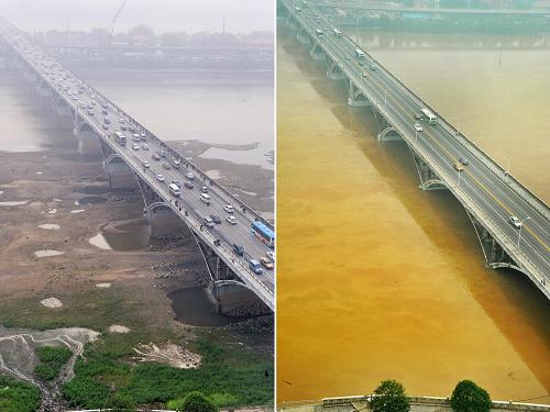 左:2011年4月22日拍攝的枯水時(shí)的長沙湘江橘子洲大橋;右:2012年6月13日拍攝的洪峰過境時(shí)的長沙湘江橘子洲大橋(拼版照片)。新華社記者 龍弘濤 攝